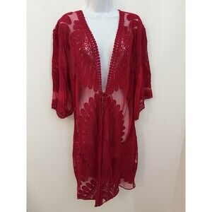 Style Apparel Red Lace Kimono Sleeve Long Duster Coverup Women's S Boho Festival